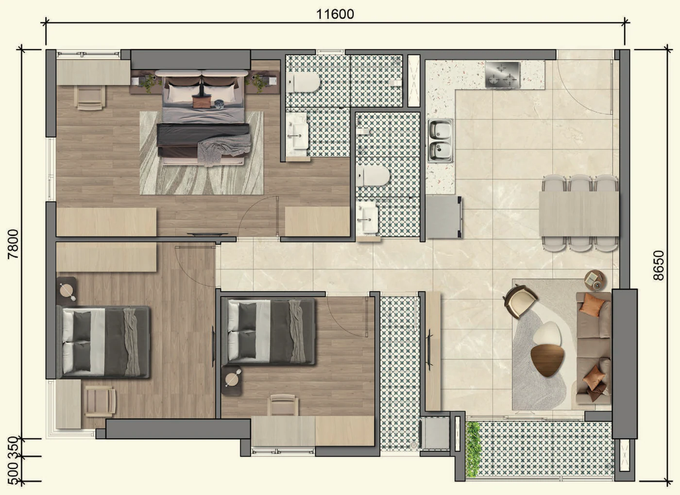 Mặt bằng căn hộ 3PN Legacy 66